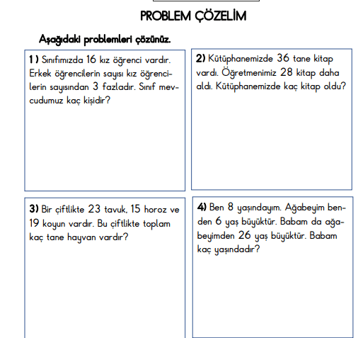 Toplama İşlemi Problemleri Çalışma Sayfası