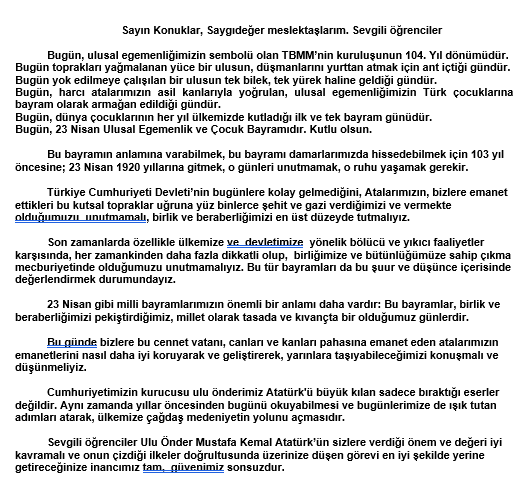 23 Nisan Ulusal Egemenlik Ve Çocuk Bayramı Müdür Konuşma Metni 2024