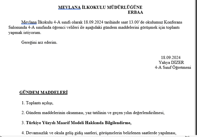 4. Sınıf 1. Dönem Veli Toplantısı Tutanağı