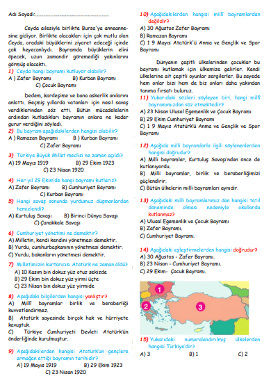 2.SINIF HAYAT BİLGİSİ "Atatürk'ün Çocukluğu ve Bu Vatan Bizim" Test