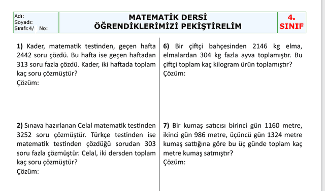 4. Sınıf Matematik Toplama İşlemi Problemleri 3