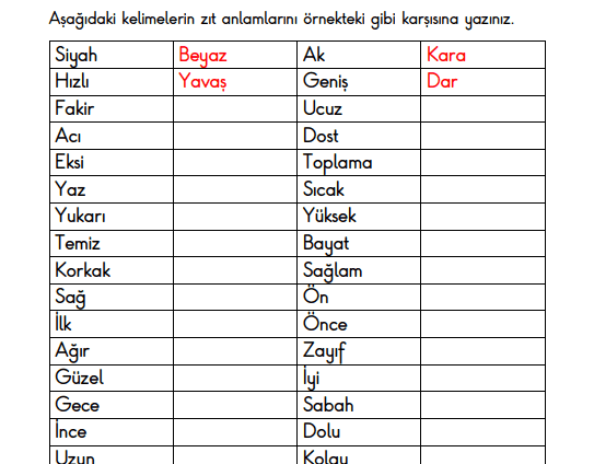 2. Sınıf Zıt Anlamlı Kelimeler Alıştırmaları Etkinliği 