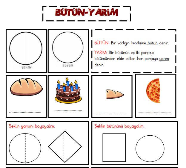 1. Sınıf Matematik Bütün Yarım Kes Yapıştır Tamamla Etkinliği