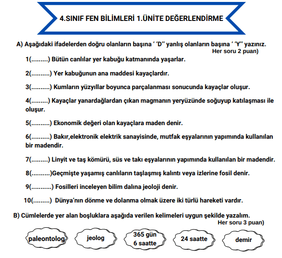 4. Sınıf Fen Bilimleri 1. Ünite Değerlendirme 