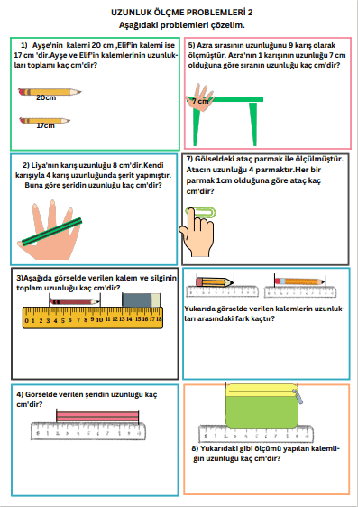 2. Sınıf Matematik Uzunluk Ölçme Problemleri Ödev Sayfası 