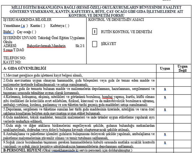 Okul Yemekhane Denetim Formu