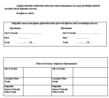 Öğretmen Nöbet Değişim Dilekçe Örneği