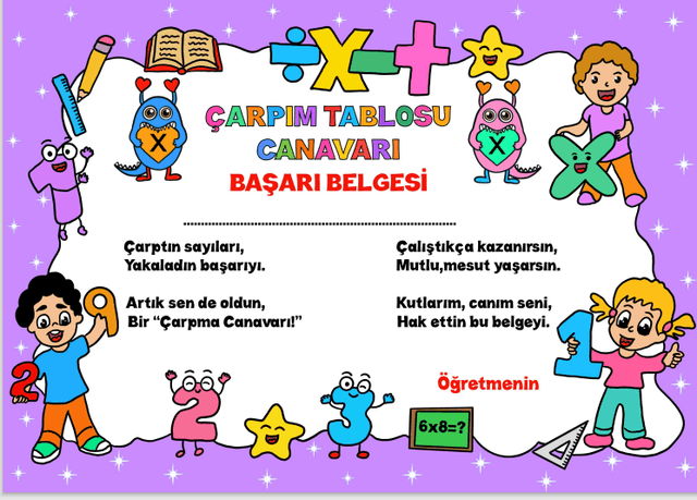 Çarpım Tablosu Canavarları İçin Başarı Belgesi Renkli