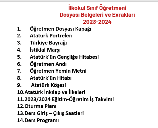 Öğretmen Dosyasında Bulunması Gereken Evraklar Listesi 2023-2024