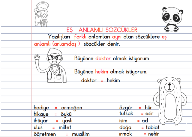 Eş Anlamlı Kelimeler Defter Notu