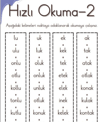 1. Sınıf U sesine kadar olan kelimelerden hızlı okuma çalışması