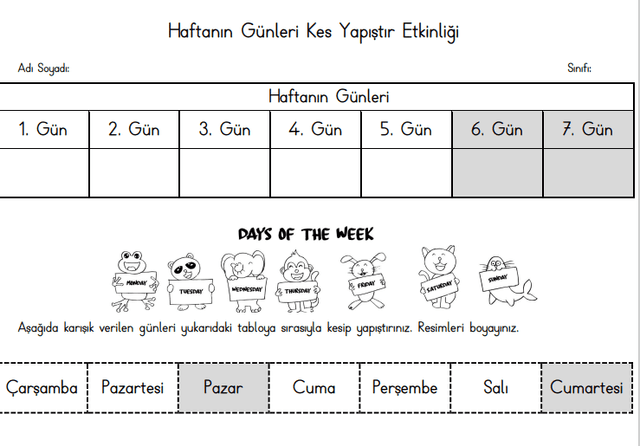 1. Sınıf Matematik Haftanın Günleri Kes, Yapıştır Ve Boya Etkinliği