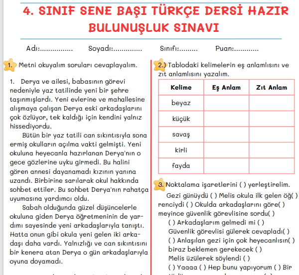 4. Sınıf Sene Başı Türkçe Dersi Hazır Bulunuşluk Sınavı 