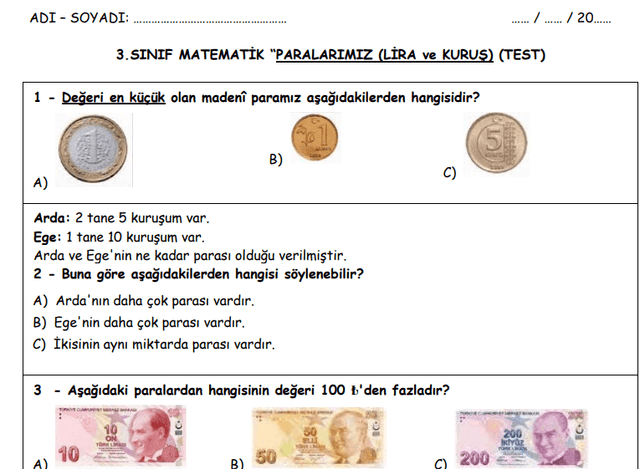 3. Sınıf Matematik Paralarımız Lira ve Kuruş Testi