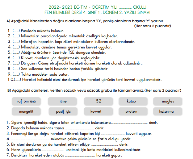 4. Sınıf 1. Dönem 2. Fen Yazılısı Ve Cevap Anahtarı 