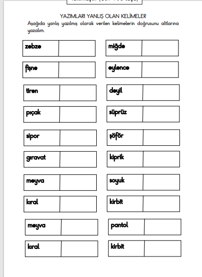 1. Sınıf Türkçe Yazımı Yanlış Olan Kelimeler