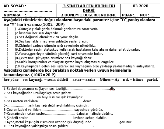 3. Sınıf Fen Bilimleri 2. Dönem 1. Yazılı Sınav Soruları