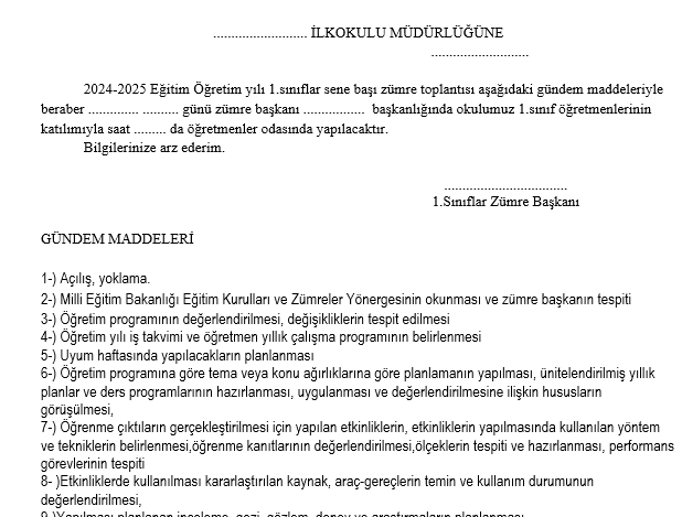 2024-2025 1. Sınıf 1. Dönem Zümre Toplantı Tutanağı Örneği