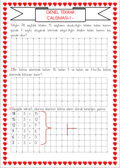 3. Sınıf Matematik 2. Dönem Genel Tekrar Çalışması 