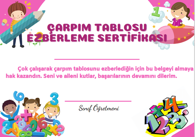 Çarpım Tablosu Ezberleme Sertifikası