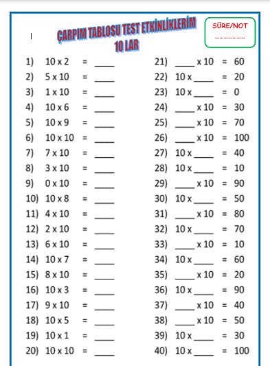 Çarpım Tablosu Test Etkinlikleri