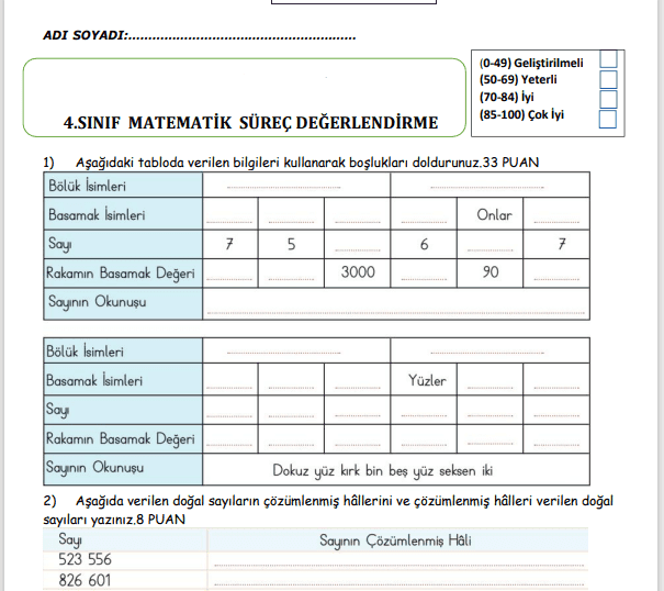 4. Sınıf Matematik Aralık Ayı  Süreç Değerlendirme Sınavı