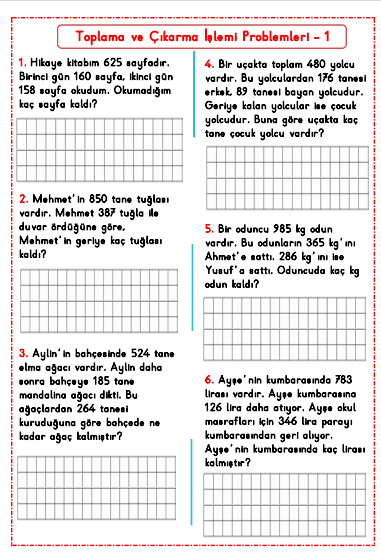 3. Sınıf Toplama Ve Çıkarma İşlemleri Problemleri Karışık