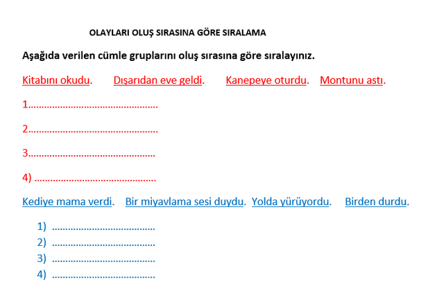 1. Sınıf Türkçe Olayları Oluş Sırasına Göre Sıralama Etkinliği