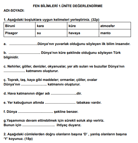 3. Sınıf Fen Bilimleri 1. Ünite Değerlendirme