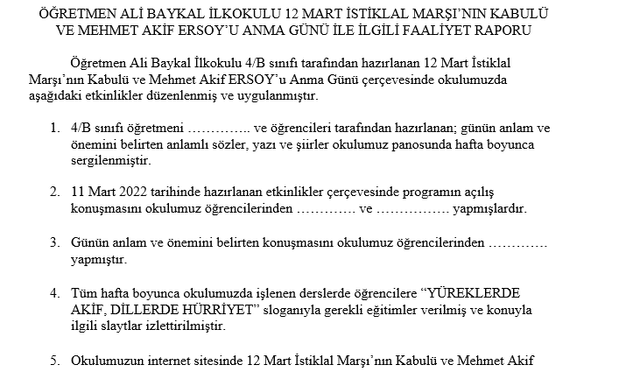 12 Mart İstiklal Marşı'nın Kabulü Programı 2024 Etkinlik Raporu