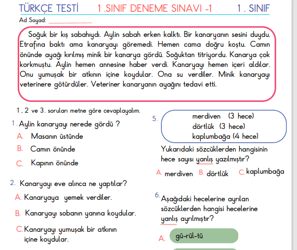 1. Sınıf Deneme Sınavı -1