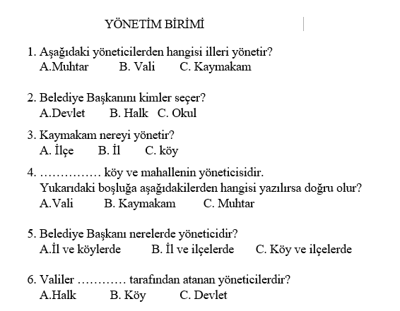 3. Sınıf Hayat Bilgisi Yönetim Birimleri Testi