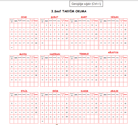 3. Sınıf Takvim Okuma Etkinlik Sayfası