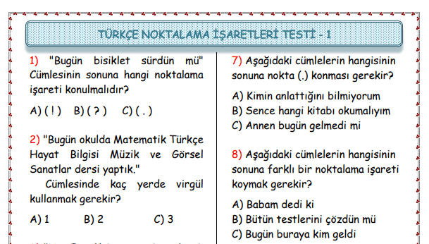 3. Sınıf Noktalama İşaretleri Test Çalışması 20 Soru