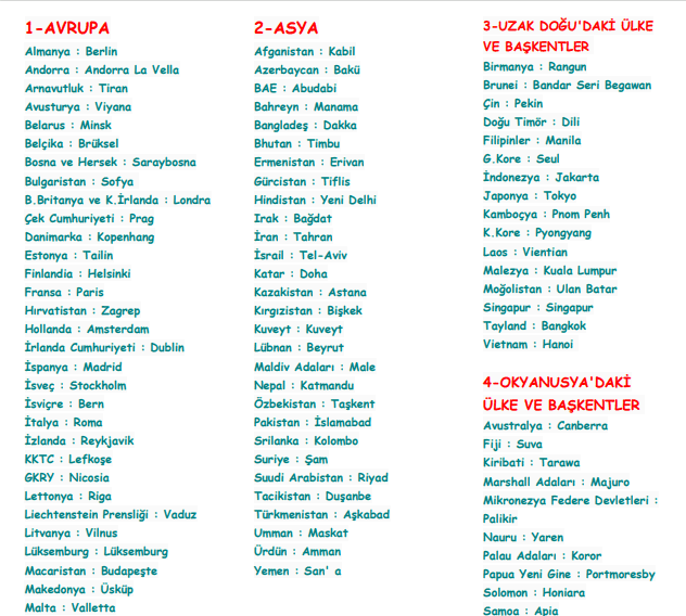 4. Sınıf Sosyal Bilgiler Ülkeler Ve Başkentleri Etkinliği