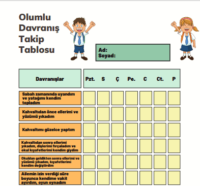 İlkokul Öğrencileri İçin Olumlu Davranış Takip Tablosu Renkli