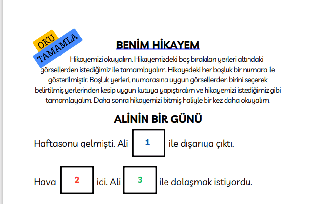 1. Sınıf Türkçe Oku Ve Tamamla Etkinliği