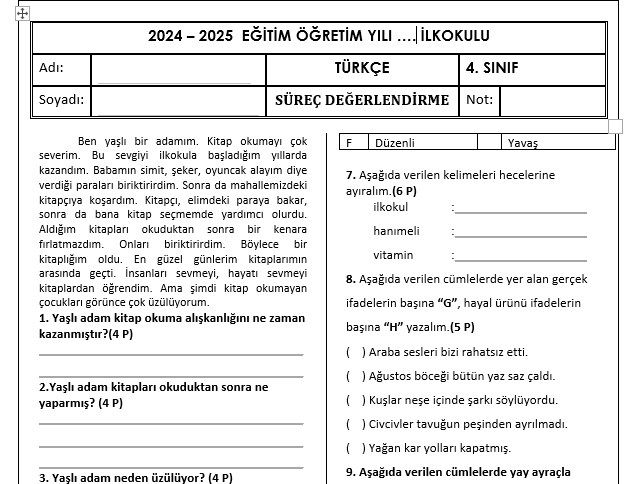 4. Sınıf Türkçe 1. Dönem 1. Süreç Değerlendirme Sınavı 