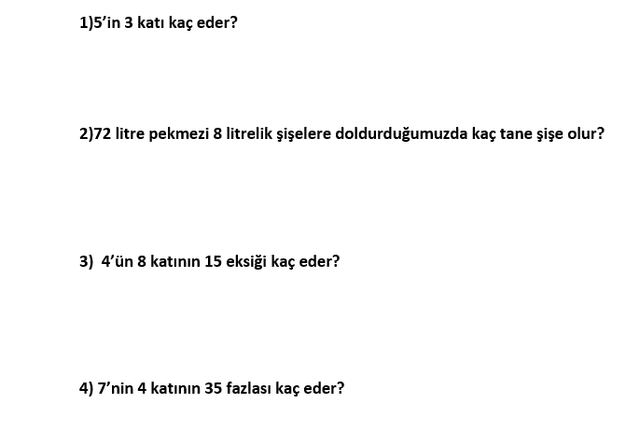 3. Sınıf Matematik Bölme Ve Çarpma Problemleri Klasik Sorular