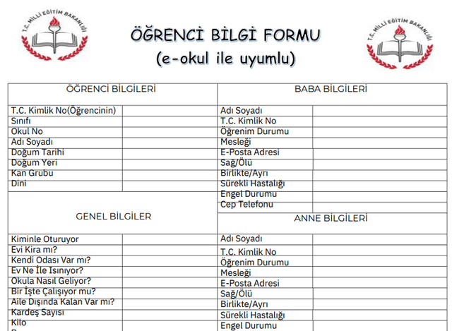 Öğrenci Bilgi Formu E-Okul İle Uyumlu 