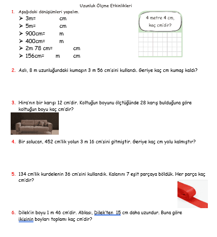 3. Sınıf Matematik Uzunluk Ölçüsü Problemleri