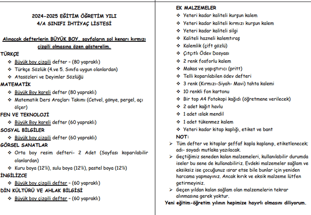 4. Sınıf İhtiyaç Listesi 2024-2025 Eğitim Öğretim Yılı