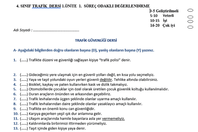 4. Sınıf Trafik Dersi 1. Dönem Süreç Değerlendirme Sınavı 1