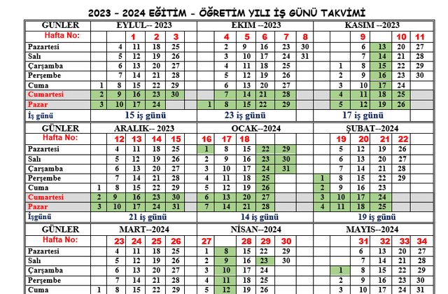 2023-2024 İş Günü Takvimi