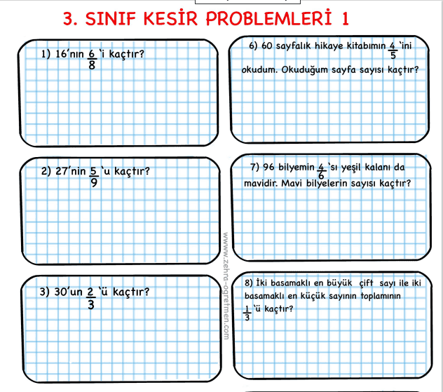 3. Sınıf Kesir Problemleri Ve Cevapları