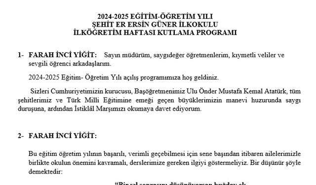 İlköğretim Haftası, Okulların Açılması Kutlama Programı