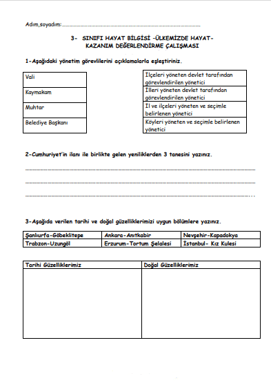 3. Sınıf Hayat Bilgisi- Ülkemizde Hayat Kazanım Değerlendirme Çalışması