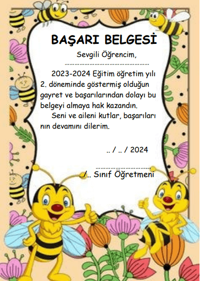 1. Sınıf Karne Başarı Belgeleri 