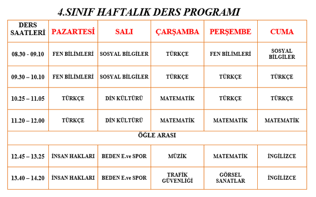 4. Sınıf Haftalık Ders Programı 