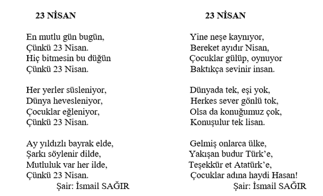 23 Nisanla İlgili Metin, Şiirler, Bilmeceler, Fıkralar 